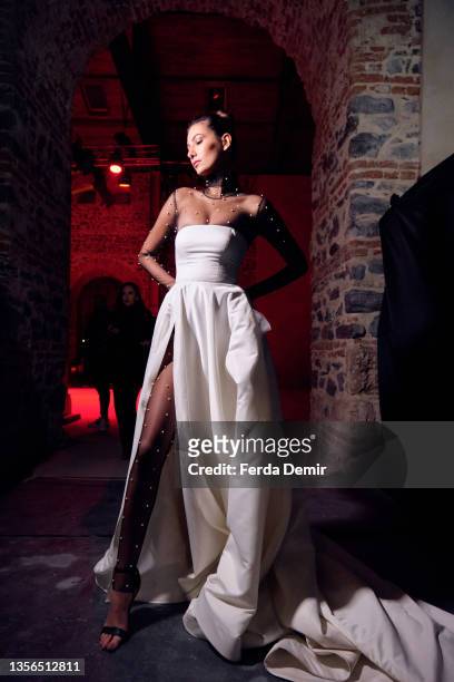 Model poses backstage at Hakan Akkaya x Cinderella Bridal Capsule Collection at Tersane Istanbul on November 30, 2021 in Istanbul, Turkey.