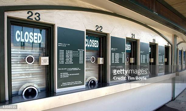 Closed ticket windows are shown at Wrigley Field, home of Major League Baseball's Chicago Cubs, August 27, 2002 in Chicago, Illinois. The players...