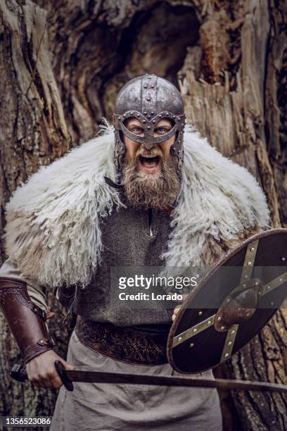 viking warrior king in a forest - barbarian stock pictures, royalty-free photos & images