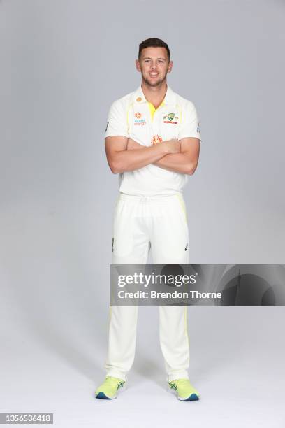 Josh Hazlewood of the Australia Test squad poses during the Cricket NSW headshots session at Sydney Olympic Park Sports Centre on September 02, 2021...