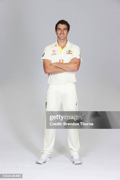 Pat Cummins of the Australia Test squad poses during the Cricket NSW headshots session at Sydney Olympic Park Sports Centre on September 02, 2021 in...