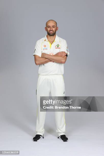 Nathan Lyon of the Australia Test squad poses during the Cricket NSW headshots session at Sydney Olympic Park Sports Centre on September 02, 2021 in...