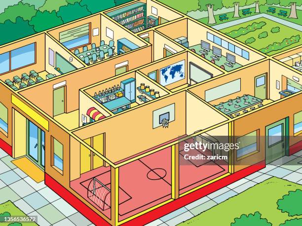 stockillustraties, clipart, cartoons en iconen met vector school or college building cross-section. - plattegrond