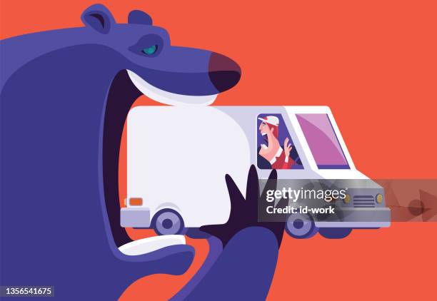 ilustraciones, imágenes clip art, dibujos animados e iconos de stock de oso mordiendo furgoneta min con conductor gritando - animal cruelty