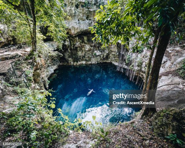 luftaufnahme der blauen lagune (cenote) im dschungel - mexico stock-fotos und bilder