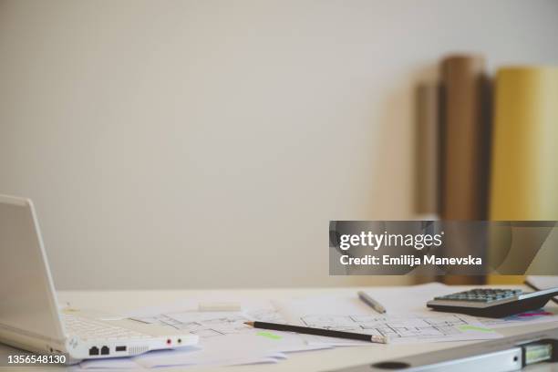 architect designer office table - calculator top view stock pictures, royalty-free photos & images