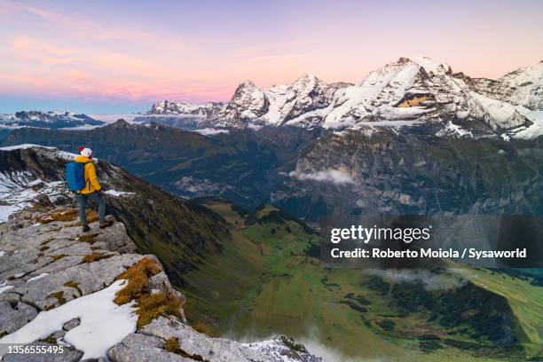 hiker man admiring mountains at sunset, switzerland - eiger mönch jungfrau stockfoto's en -beelden