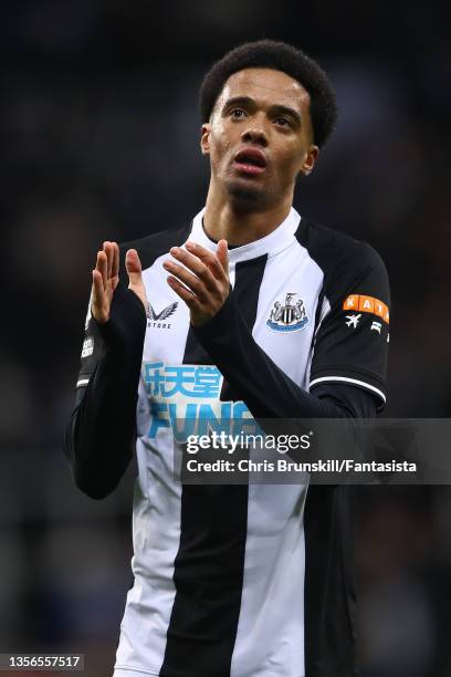 Jamal Lewis of Newcastle United applauds the supporters at full-time following the Premier League match between Newcastle United and Norwich City at...