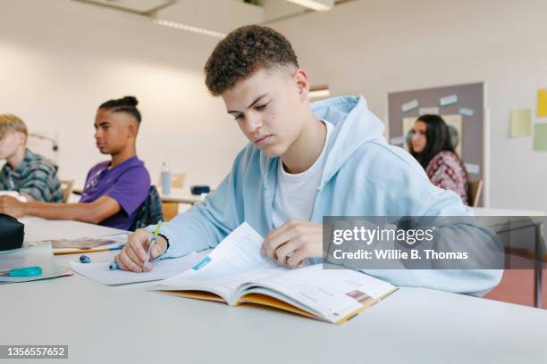 high school student concentrating during lesson - turkish boy stockfoto's en -beelden