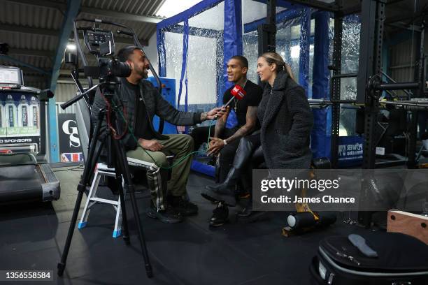 Conor Benn and his wife Victoria Benn, are interviewed by Kugan Cassius during the Conor Benn Media Session on December 01, 2021 in London, England.