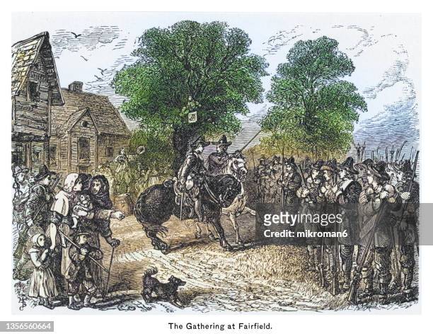 old engraving illustration of gathering of colonists in fairfield connecticut during the pequot war - the american revolution stock pictures, royalty-free photos & images