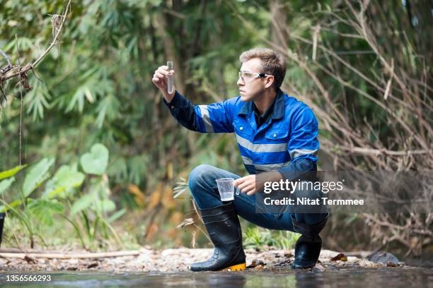environmental quality assurance of water. surveyor examining water and reading water samples (ph value) based on a water sampling standard in a test tube near a river. - ambientalista foto e immagini stock
