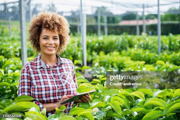 技術を使用して植物を育てる女性 - デジタルタブレット - women in country ストックフォトと画像