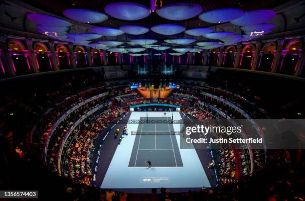 Mark Philippoussis of Australia serves against Greg Rusedski of Great Britain during the ATP Champions Tour Tennis at the Royal Albert Hall on...