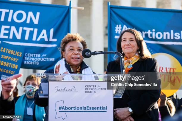 Rep. Barbara Lee and Rep. Diana DeGette speak during a demonstration in front of the U.S. Supreme Court as the justices hear arguments in Dobbs v....