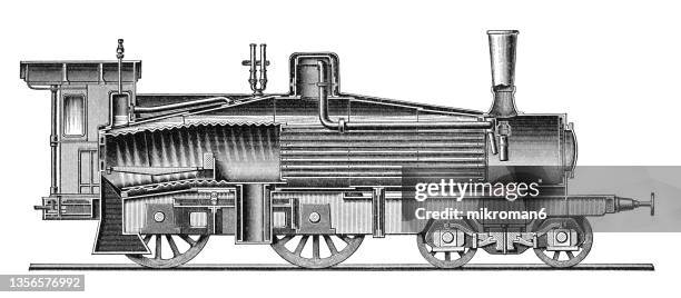 old engraved illustration of hugo lentz (lenz) locomotive (austria) - locomotive stock-fotos und bilder