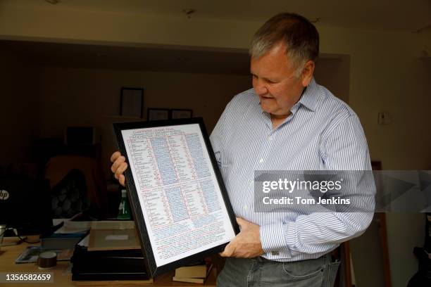 Clive Tyldesley, the football commentator, poses with a framed copy of his notes written for a match that he now sells as momentoes, in the office of...