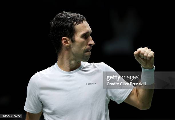 Mikhail Kukushkin of Kazakhstan celebrates a point against Miomir Kecmanovic of Serbia during the Davis Cup Quarter Final between Serbia and...