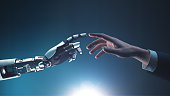 3D Render businessman touching robotic hand