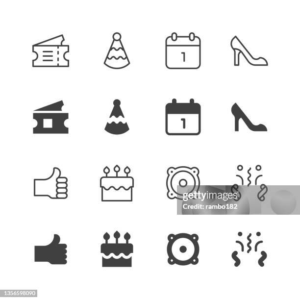 new year's eve line icons. editable stroke, contains such icons as confetti, decoration, dessert, dj, drink, fireworks, high-heeled shoes, like button, midnight, music, new year, party, social media, ticket. - after dinner speaker stock illustrations