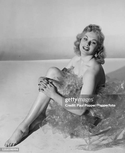 English glamour model and actress Sabrina , 8th March 1955. She has recently made her debut as a 'dumb blonde' on comedian Arthur Askey's new...