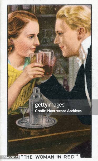Collectible tobacco or cigarette card, 'Shots from Famous Films' series, published in 1936 by Gallaher Ltd, here actors Barbara Stanwyck and Gene...