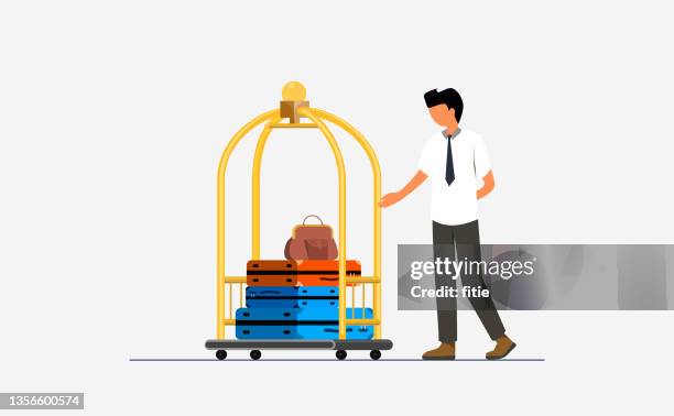 vector illustration of doorman standing by the hotel cart with luggage - hotel concierge stock illustrations