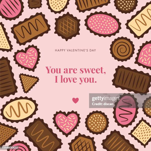 valentines day greeting card with chocolate bon bon frame. vector illustration. stock illustration. - couple dark background stock illustrations