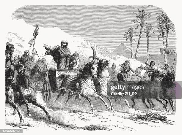 stockillustraties, clipart, cartoons en iconen met pharaoh persecute the israelites (exodus 14), wood engraving, published 1862 - chariot