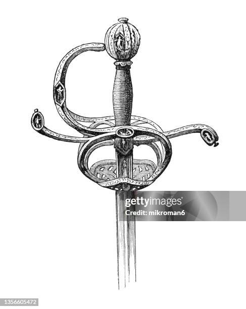 old engraving illustration of rapier of peter paul rubens (1630) - medieval sword stock pictures, royalty-free photos & images