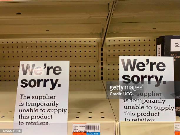 We're Sorry, Supplier Temporarily unable to supply this product to retailers sign on shelf at CVS store, Queens, New York.