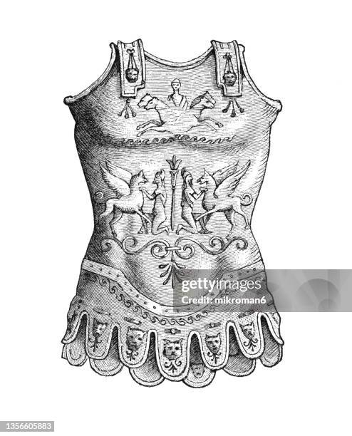 old engraving illustration of roman breastplate (sculpture of germanicus) - ancient roman armor stock-fotos und bilder
