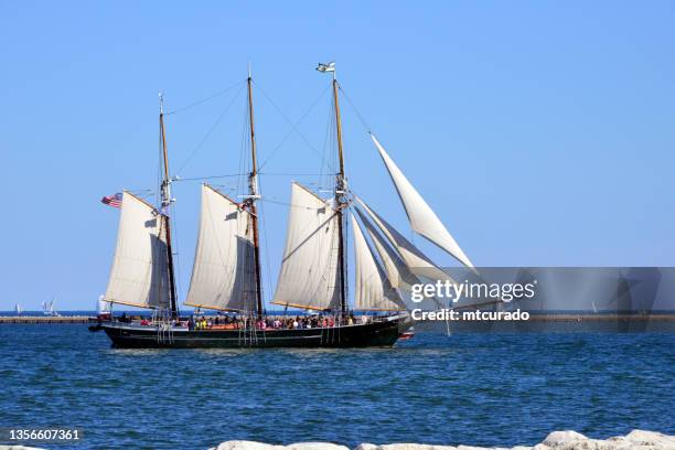 schooner denis sullivan on lake michigan - starboard view, milwaukee, wisconsin, usa - wisconsin flag stock pictures, royalty-free photos & images