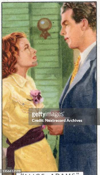 Collectible tobacco or cigarette card, 'Shots from Famous Films' series, published in 1936 by Gallaher Ltd, here actors Katharine Hepburn and Fred...