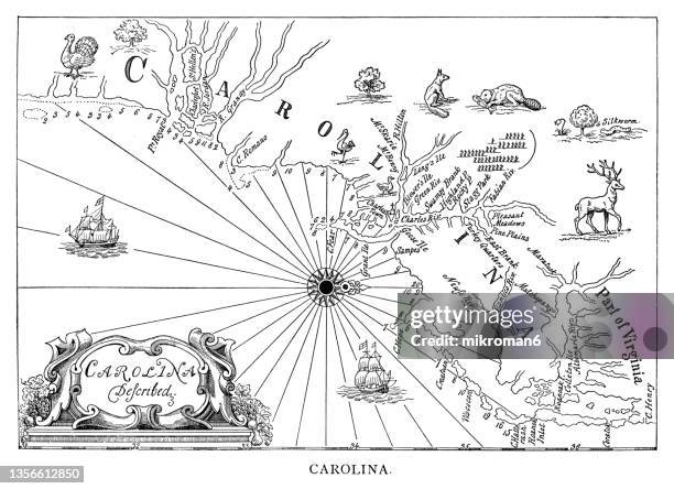 old map of fac-simile from the "description of carolina" us state, united states of america (usa) - rijksgrens stockfoto's en -beelden
