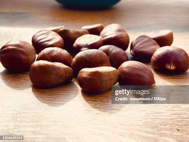 autumn shot,high angle view of nuts on table,boadilla del monte,comunidad de madrid,spain - horse chestnut photos et images de collection