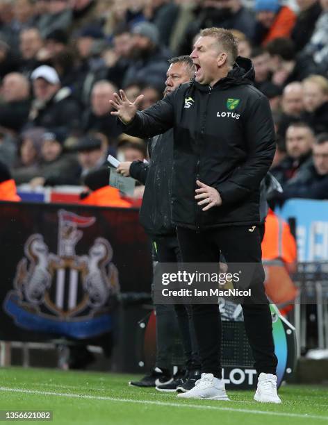 Norwich manager Dean Smith reacts during the Premier League match between Newcastle United and Norwich City at St. James Park on November 30, 2021 in...