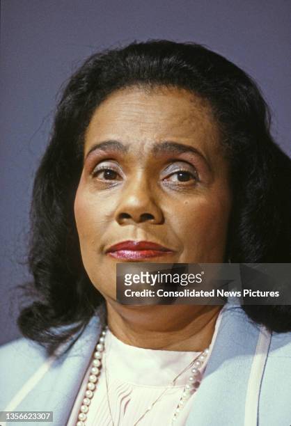 Close-up of American Civil Rights leader and activist Coretta Scott King as she attends the Democratic National Convention at the Moscone Center, San...