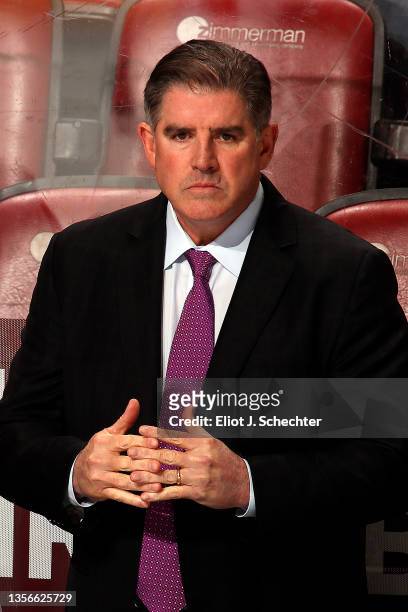 Washington Capitals Head Coach Peter Laviolette monitors game progress from the bench against the Florida Panthers at the FLA Live Arena on November...