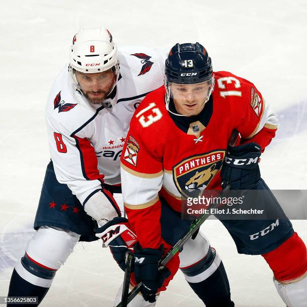 Alex Ovechkin of the Washington Capitals gets set for a face off against the Sam Reinhart of the Florida Panthers at the FLA Live Arena on November...