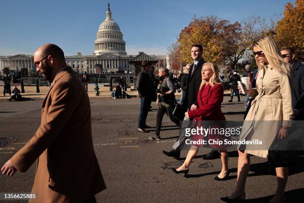 Rep. Marjorie Taylor Greene leaves a rally in front of the U.S. Supreme Court as the justices hear hear arguments in Dobbs v. Jackson Women's Health,...