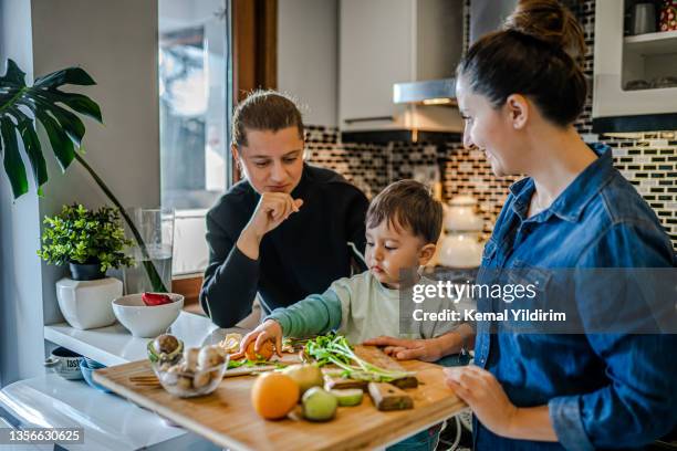 same sex couple and their child preparing dinner in kitchen - healthy eating children stock pictures, royalty-free photos & images