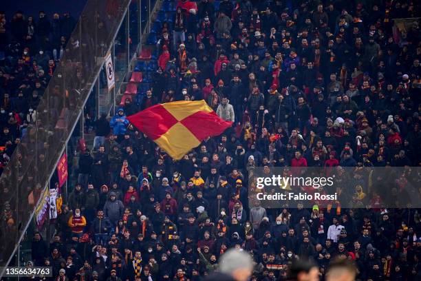 Roma fans during the Serie A match between Bologna FC and AS Roma at Stadio Renato Dall'Ara on December 01, 2021 in Bologna, Italy.