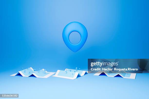 isometric 3d map with blue pin over the blue map - location pin icon stockfoto's en -beelden