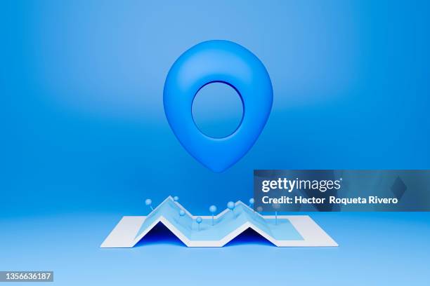 isometric 3d map with blue pin over the blue map - posizionare foto e immagini stock