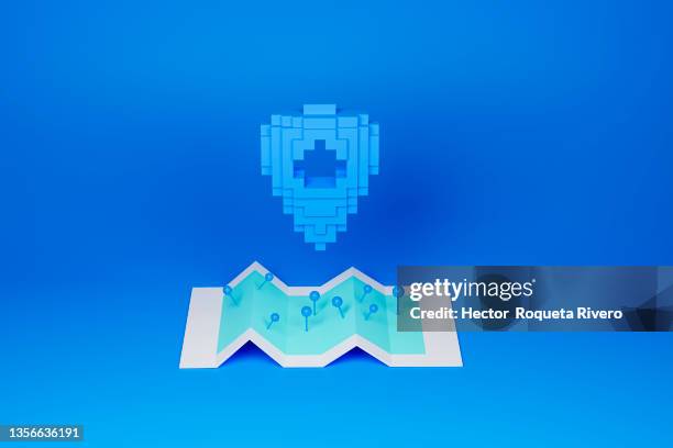 isometric 3d map with blue pin over the blue map - digital road map stock pictures, royalty-free photos & images