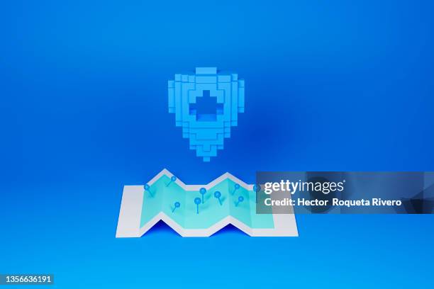 isometric 3d map with blue pin over the blue map - mobile app isometric stock pictures, royalty-free photos & images