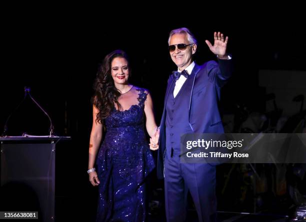 Maria Aleida and Andrea Bocelli perform onstage at the Andrea Bocelli Candlelight Concert at Segerstrom Center For The Arts on November 30, 2021 in...