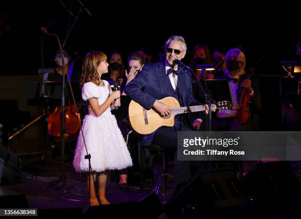Virginia Bocelli and Andrea Bocelli perform onstage at the Andrea Bocelli Candlelight Concert at Segerstrom Center For The Arts on November 30, 2021...