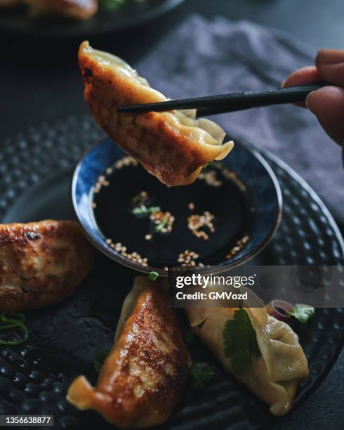 japanese gyoza dumplings - momo stock pictures, royalty-free photos & images